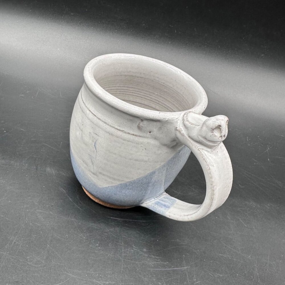 Art Pottery Mug 3D Figural Frog Snake Face Thumb Rest Blue Gray Signed Hight